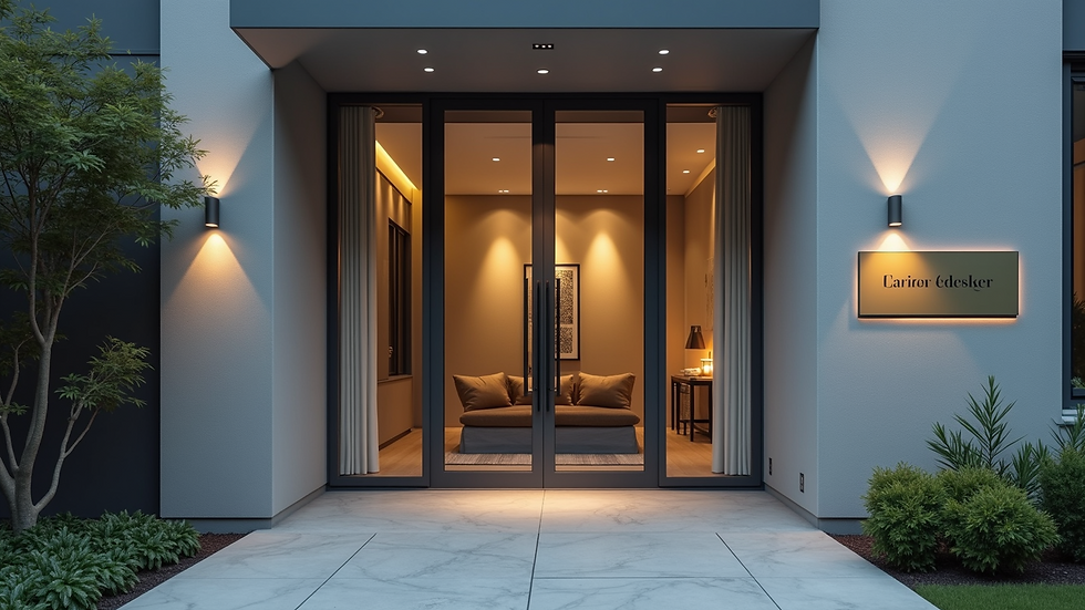 Eye-level view of a modern building entrance with a clear property sign