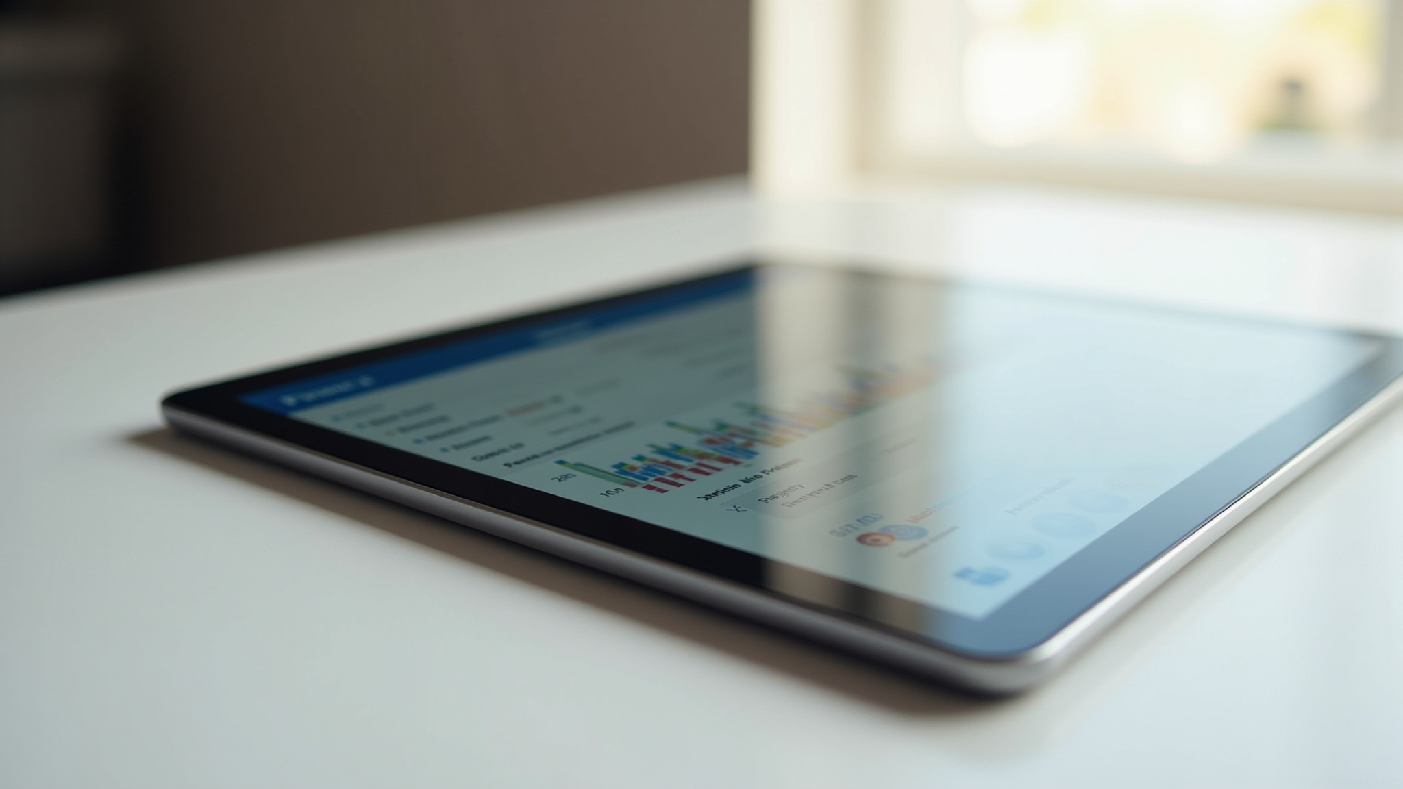 Tablet on a white table displaying data charts and graphs