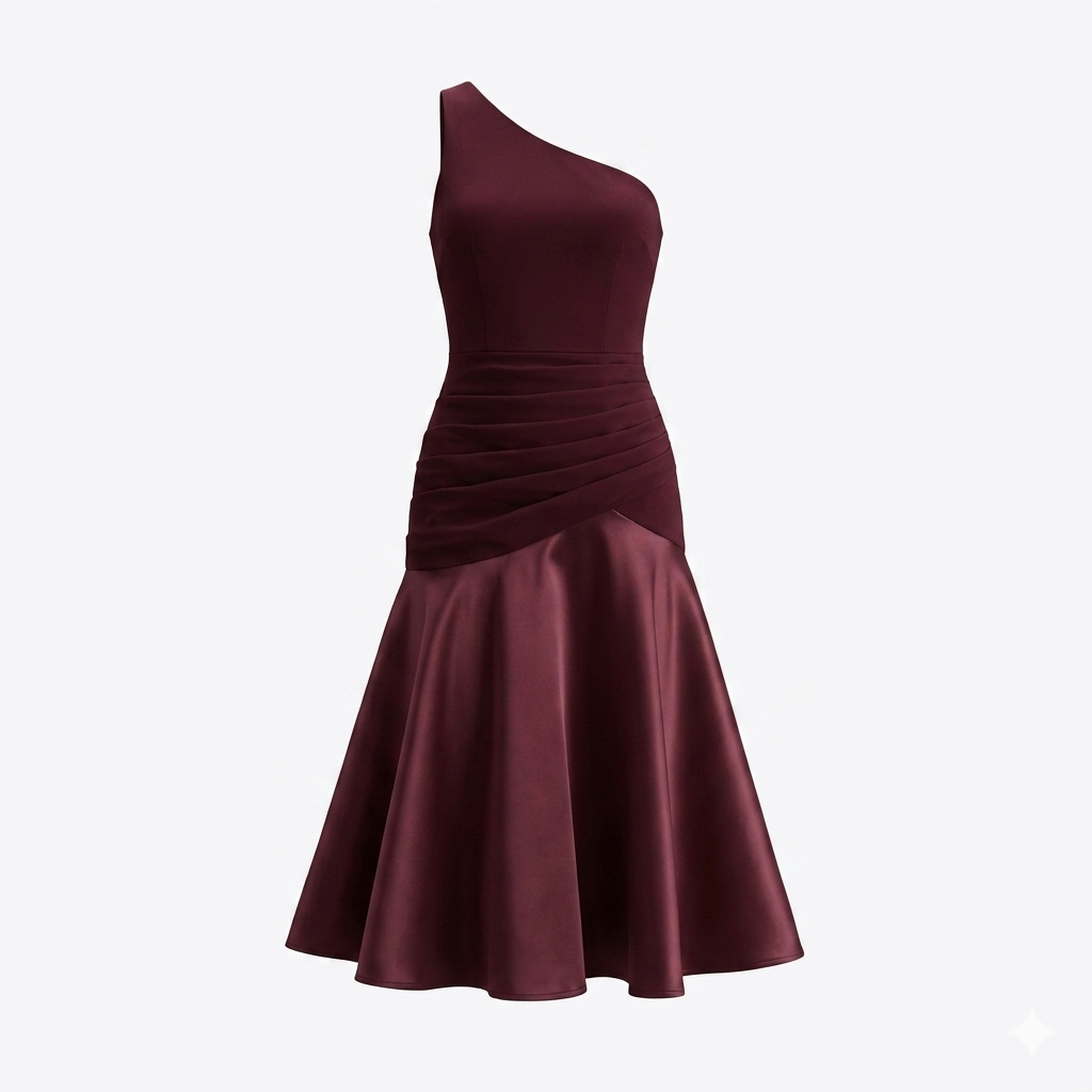 Vestido Midi Ombro Único Marsala Elegance