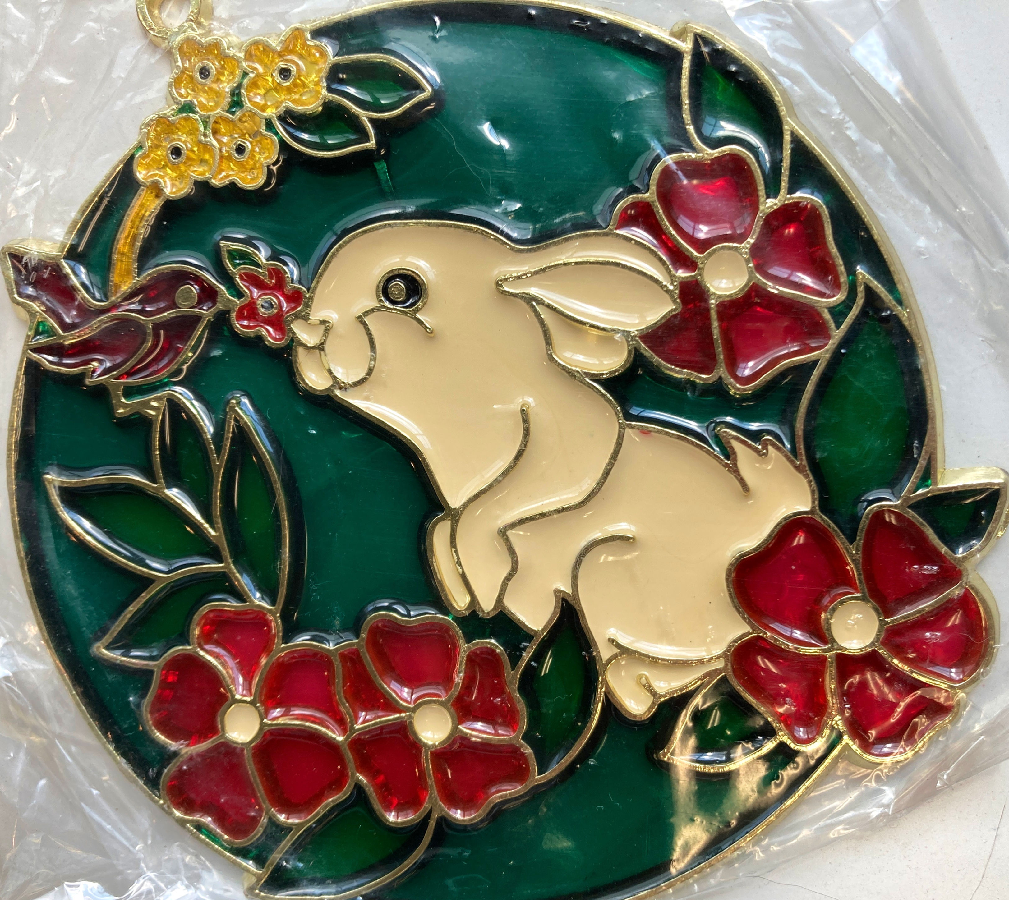 Bunny and bird in flower gardens suncatcher