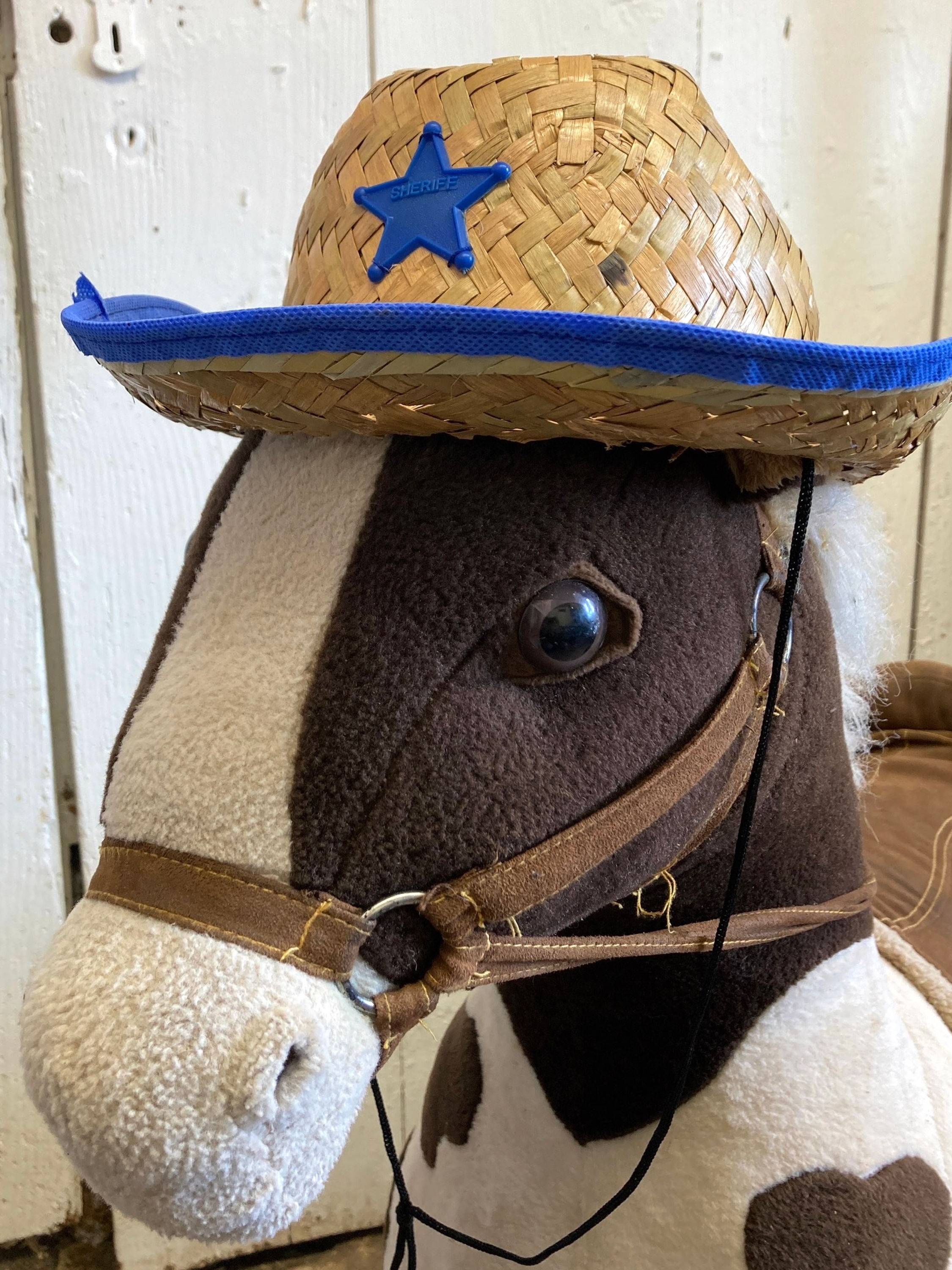 Kids play cowboy sheriff’s straw hat