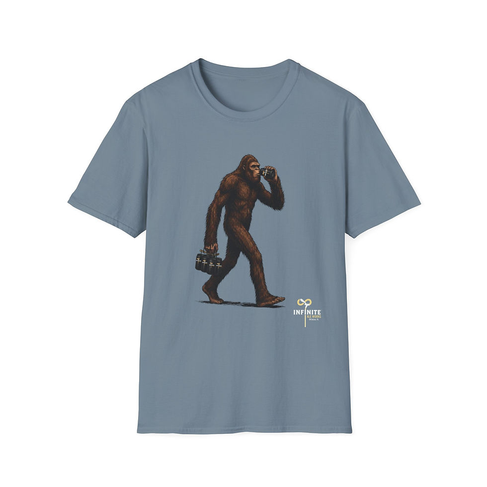 Thumbnail: Bigfoot Carrying Beer T-Shirt — Funny Sasquatch Drinking Design