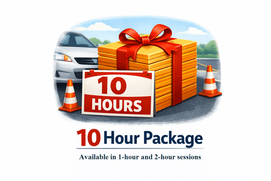 Schedule graphic showing 10 driving lessons,  for a total of 10 hours of structured driving tuition.