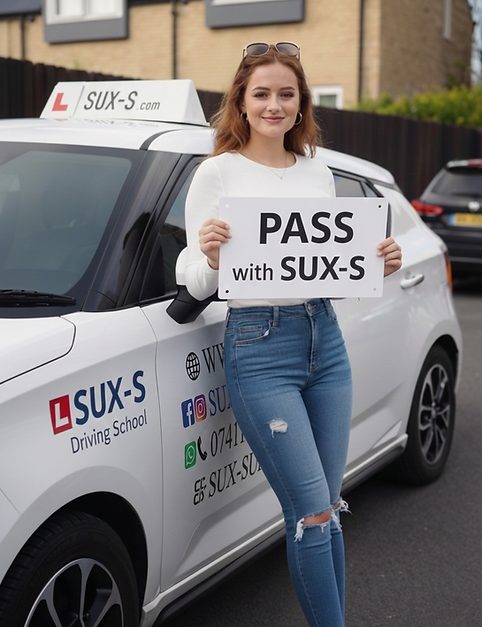Manual driving lessons in Bradford with SUX-S Driving School – learner holding pass sign beside training car
