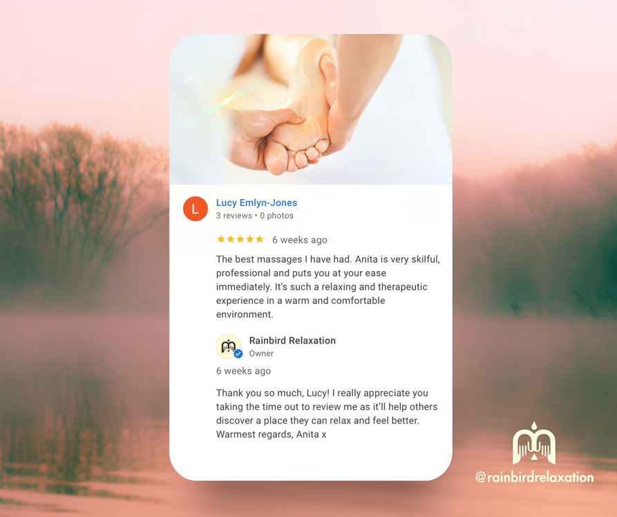 5-star Google review praising the relaxing and nurturing experience at Rainbird Relaxation