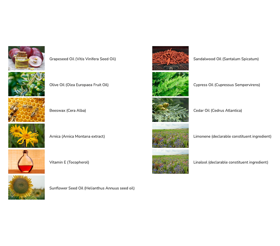 Ingredients for Songbird Naturals Mountain Forest massage wax, including Sandalwood, Cypress, Cedar, and essential oil constituents like Limonene and Linalool