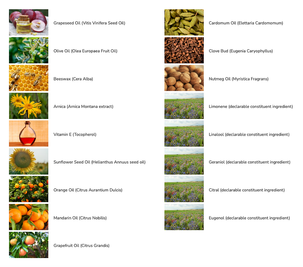 Ingredients for Songbird Naturals Orange Spice massage wax, highlighting warming oils such as Cardamom, Clove, Nutmeg, and citrus oils including Orange, Mandarin, and Grapefruit