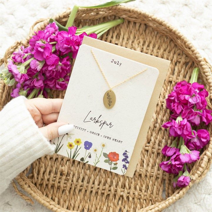 Thumbnail: July Larkspur Birth Flower Necklace Card