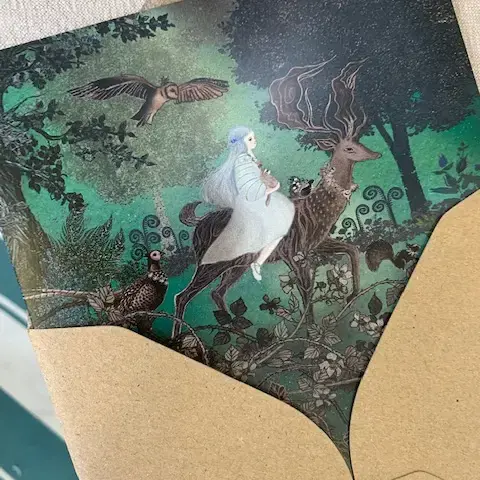 Thumbnail: Girl Riding A Deer, Nature , Forest Greeting Card