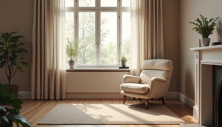 Eye-level view of a cozy living room with an empty armchair near a window