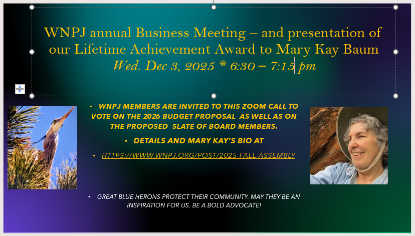 Save the Date: Wed. Dec 3rd * WNPJ presents a Lifetime Achievement Award to Mary Kay Baum - plus our annual business meeting