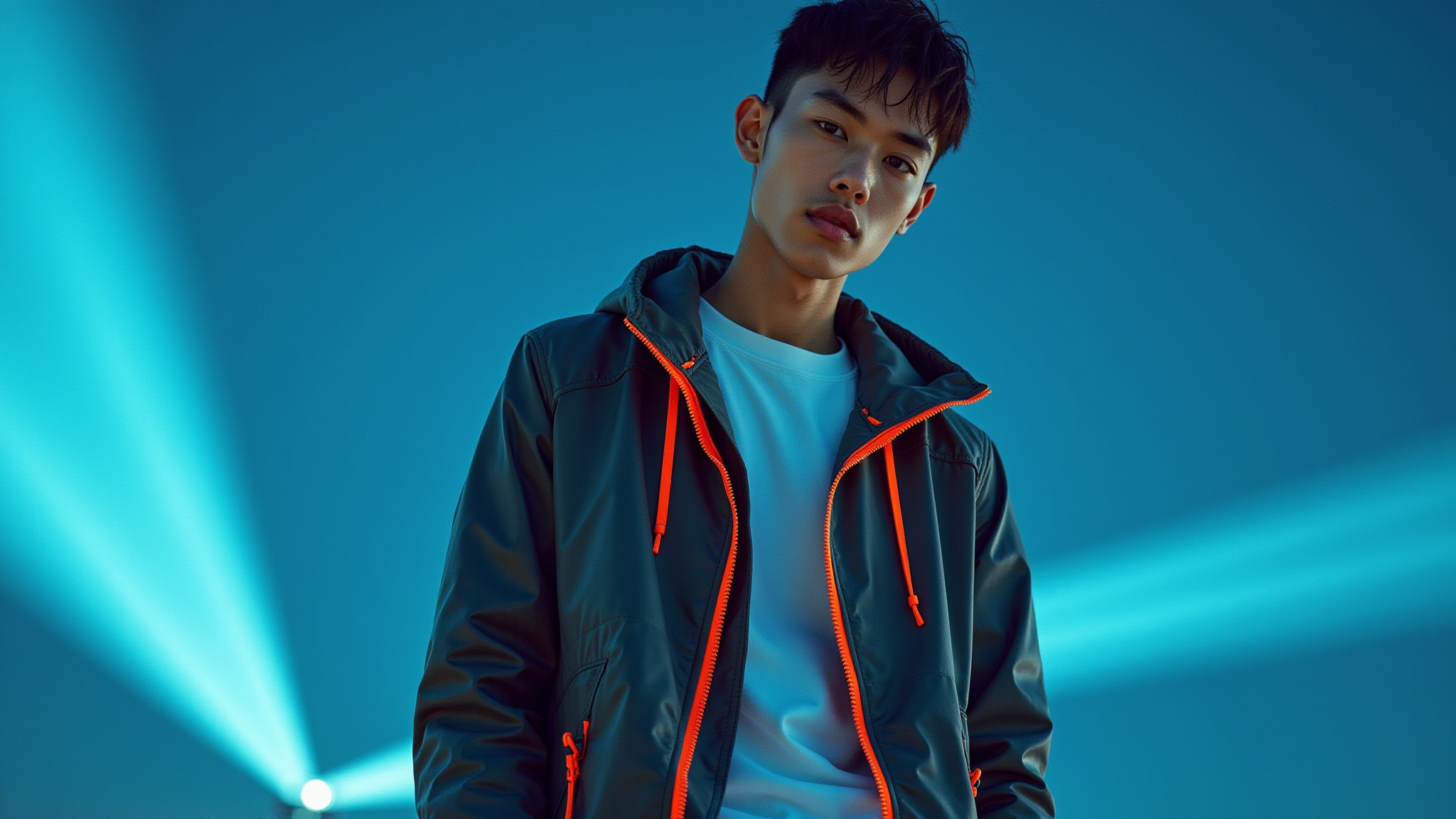 Young Asian man in jacket with orange accents against blue background.