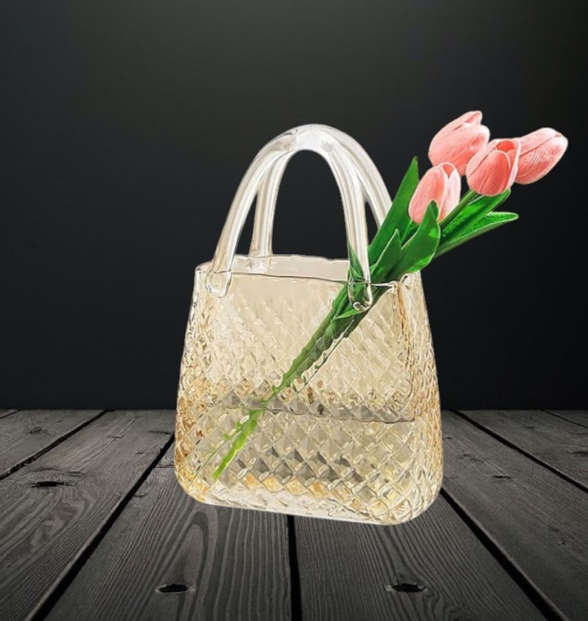 Thumbnail: Whispers in a diagonal cut Glass Embossed Purse Vase, Customized Faux Floral