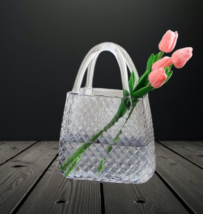 Thumbnail: Whispers in a diagonal cut Glass Embossed Purse Vase, Customized Faux Floral
