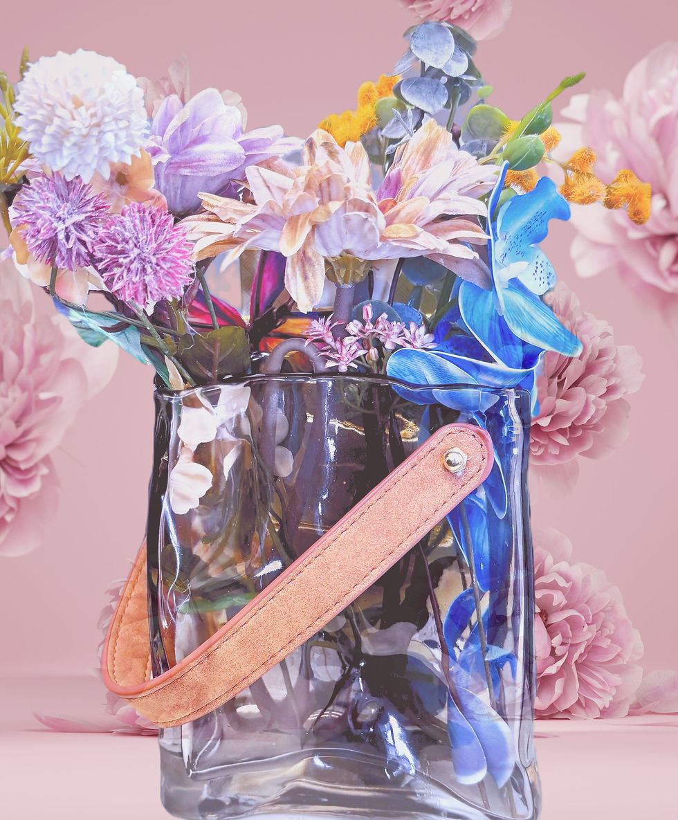 Thumbnail: Glass Purse Vase for Custom Artificial Flower Arrangement with Leather Handle.