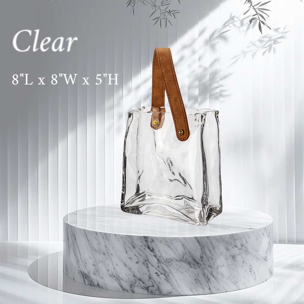 Thumbnail: Glass Purse Vase for Custom Artificial Flower Arrangement with Leather Handle.