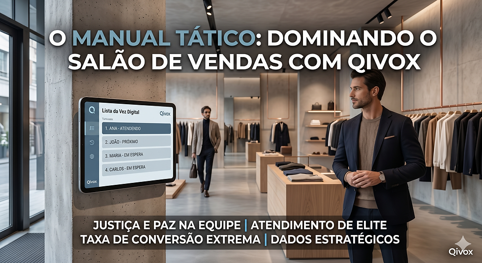 Interior de uma loja de varejo moderna e sofisticada. Um vendedor vestido com elegância aguarda calmamente em posição tática. Em primeiro plano, um tablet fixado no pilar de concreto exibe o sistema Qivox de Lista da Vez Digital, organizando a fila de atendimento da equipe. O ambiente transmite profissionalismo, ordem e tecnologia de elite no salão de vendas.