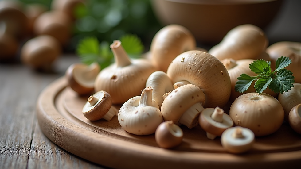 Close-up view of a variety of healthy mushrooms on a wooden cutting board
