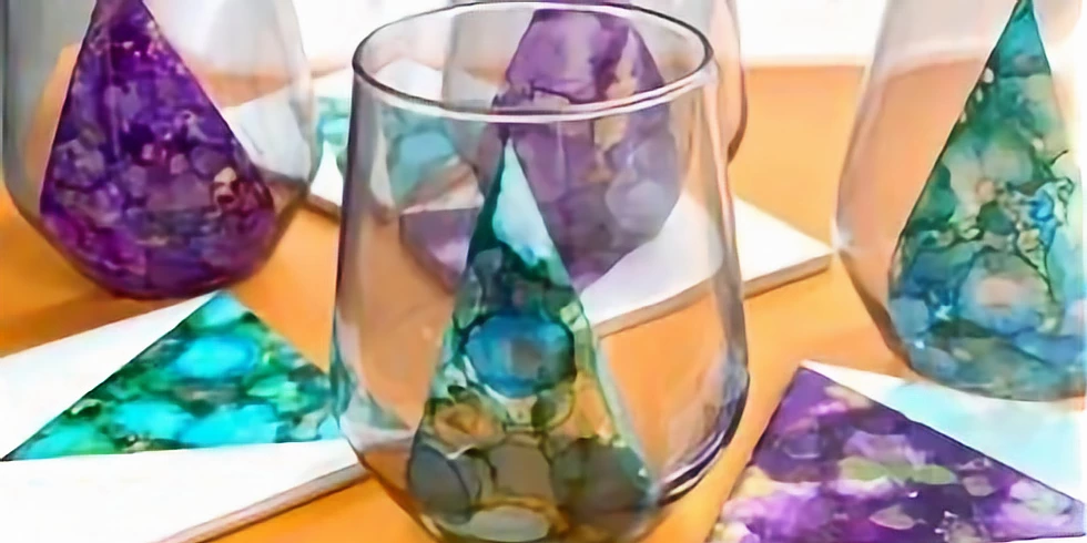Learn to make alcohol ink stemless wine glasses & matching coasters
