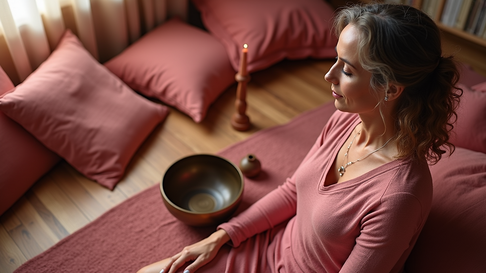 High angle view of a cozy corner with cushions and a singing bowl