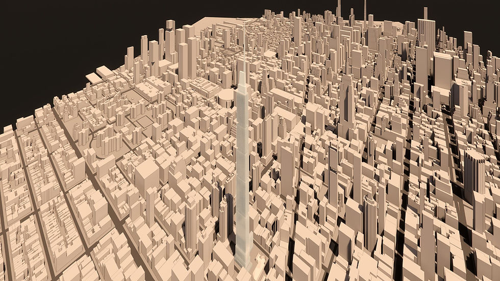 Architectural rendering showing a theoretical 2,000-foot residential supertall in NoMad within the surrounding Manhattan skyline.