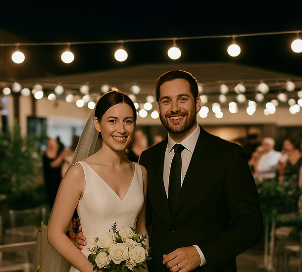 A glowing moment of love as the newlyweds celebrate under the warm lights, surrounded by joy and cherished memories.