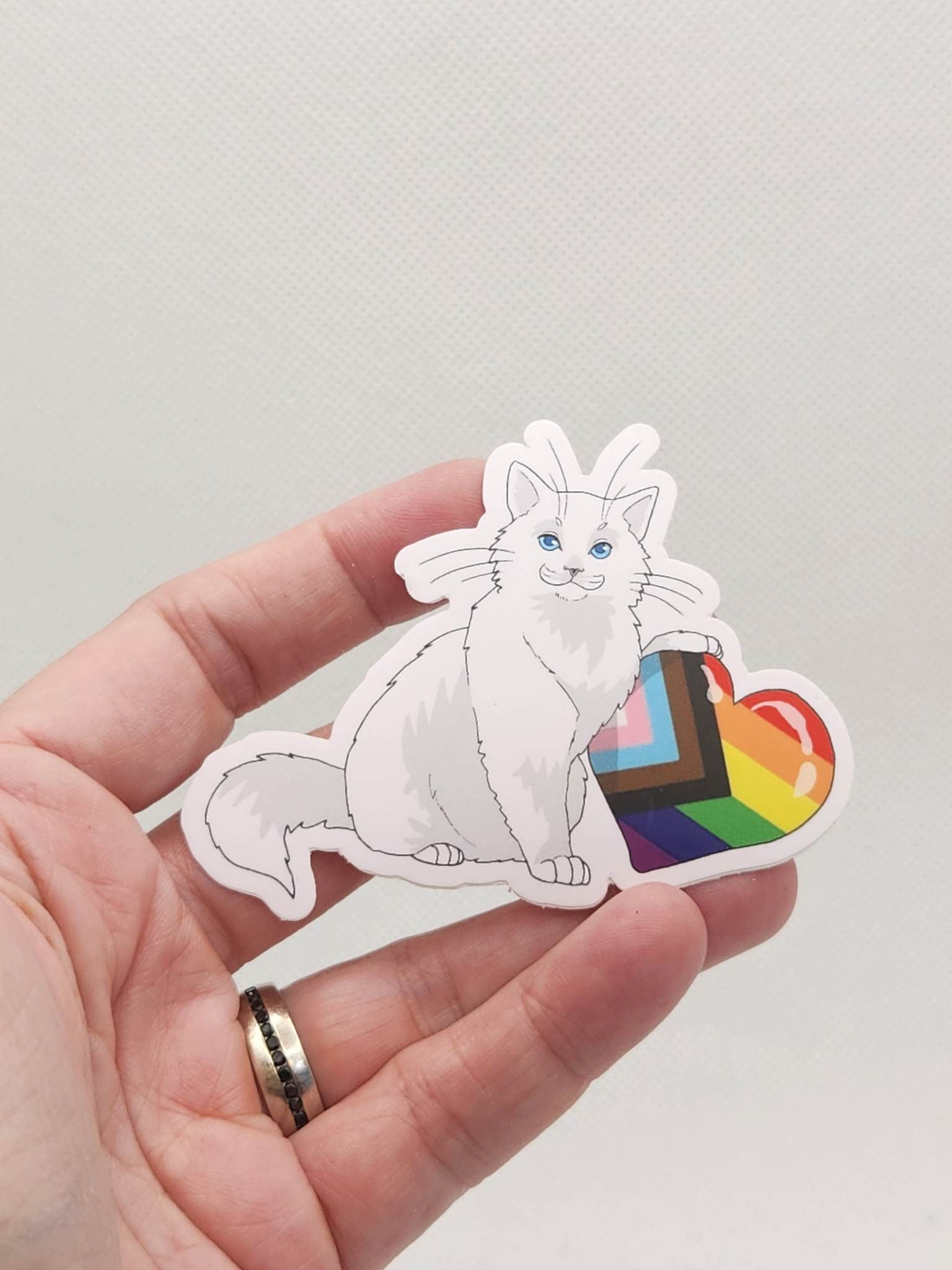 Vinyl Sticker - White Cat Progressive Heart Pride Kingdom - 3" waterproof