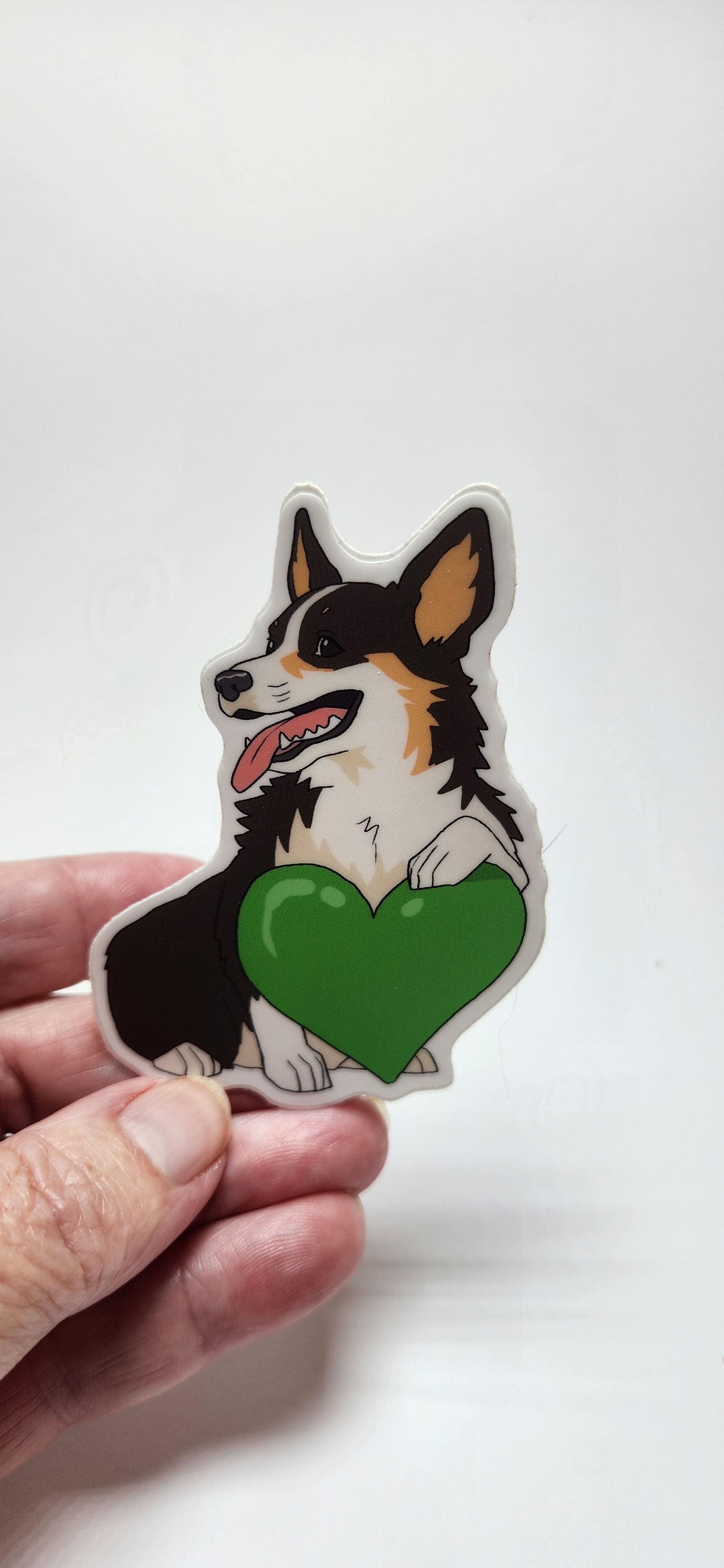 Vinyl Sticker - Corgi Tri-Color Green Heart