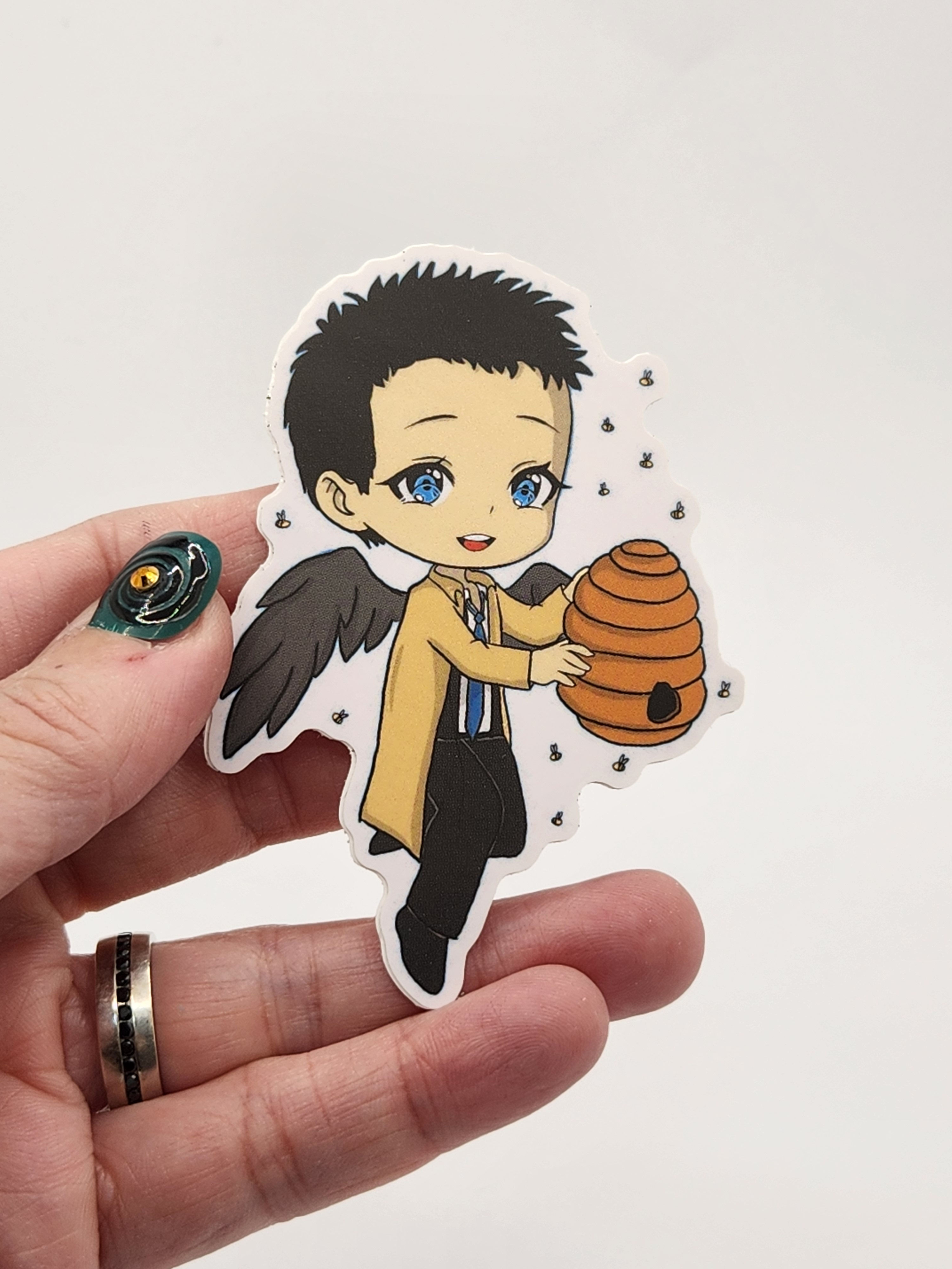 Vinyl Sticker - Supernatural Chibi Castiel with bee hive honey
