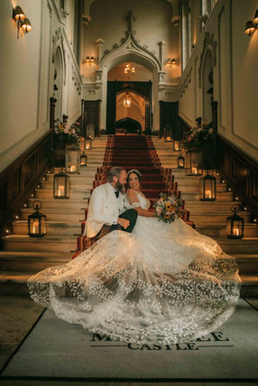 markree castle staircase with bride and groom stunning portrait