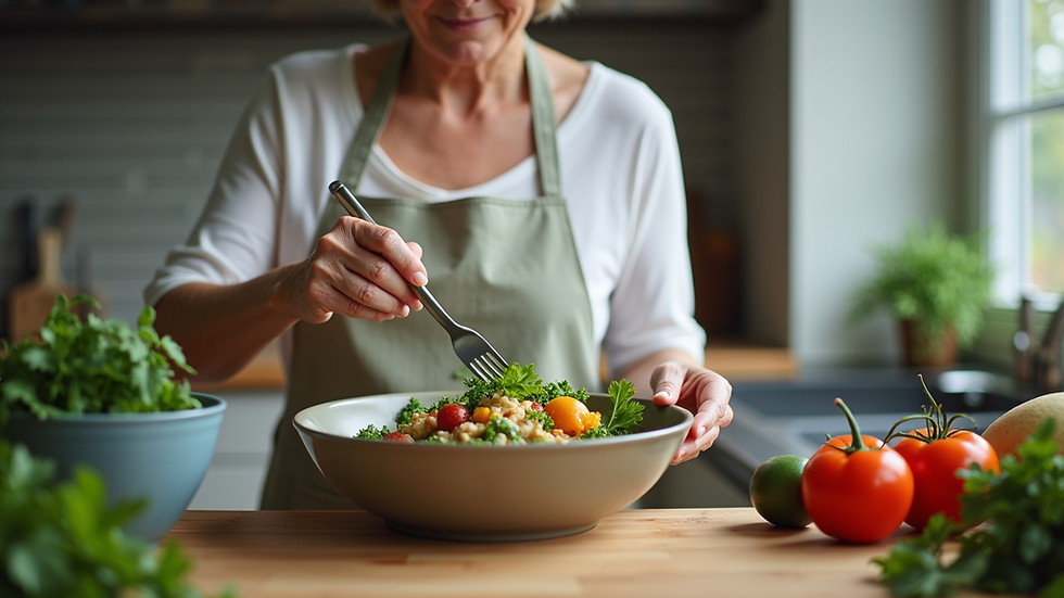 Close-up view of a senior woman preparing a healthy meal in a kitchen