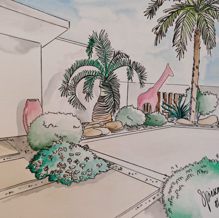 Esquisse d’une entrée moderne avec pas en béton ciré gris, gravier Cabanac, palmiers, végétation exotique et sculpture girafe rouge, réalisée à Brétignolles-sur-Mer par une conceptrice paysagiste.