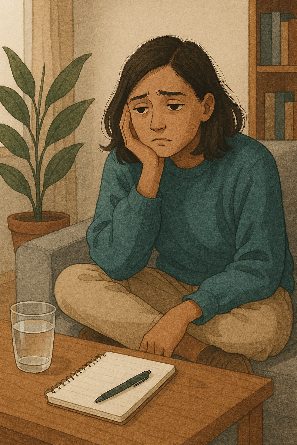 : A woman sits on a couch looking tired and unmotivated, resting her head on her hand while a notebook and glass of water sit on the table in front of her, reflecting the struggle to stay consistent with wellness habits.