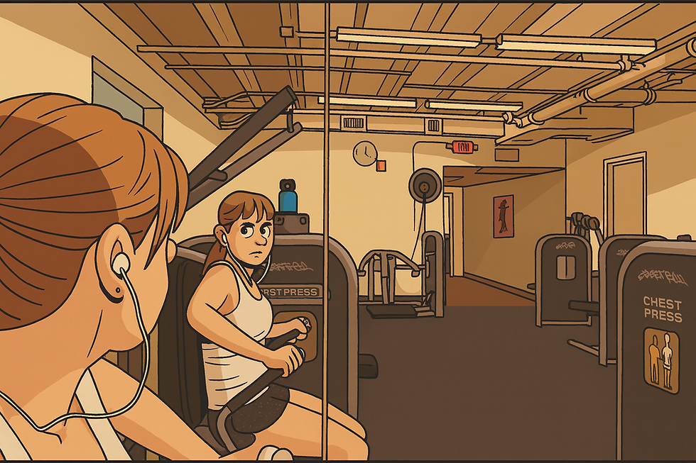Cartoon-style illustration of a woman using a chest press machine in a bright, modern gym, her reflection visible in a wall-length mirror as she works out with focused determination.