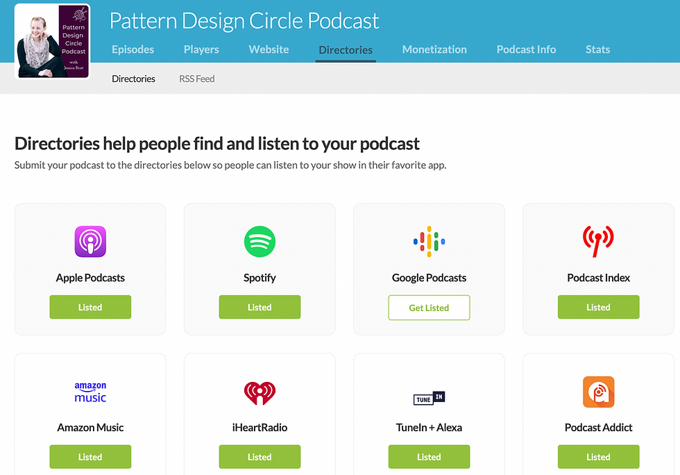 the "directories" page is where you can choose what platforms your podcast is available on, and Buzzsprout automatically sends all of your podcast episodes to the platforms for you