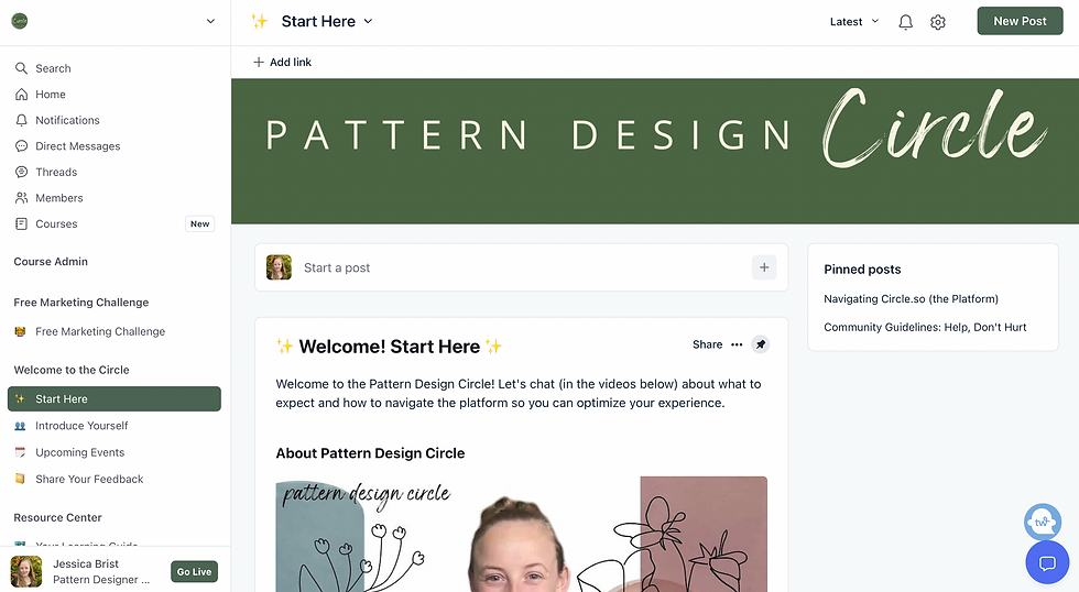 screenshot shows an organized list of content on the left side, a green banner saying "Pattern Design Circle," and the preview of a welcome video