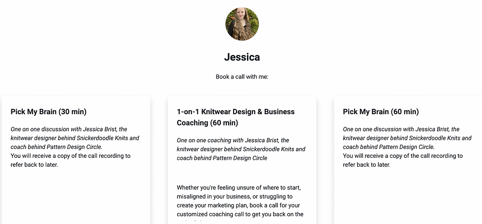 profile photo is shown centered at the top with the name "Jessica" underneath and three booking options with information on each option
