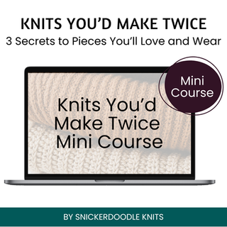 Laptop Screen open, with words "Knits You'd Make Twice Mini Course" in front of an image of two hand knit sweaters folded neatly in a pile.