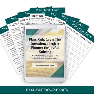 Mockup showing the planning pages inside the Plan, Knit, Love project planner, with the cover on a digital tablet.