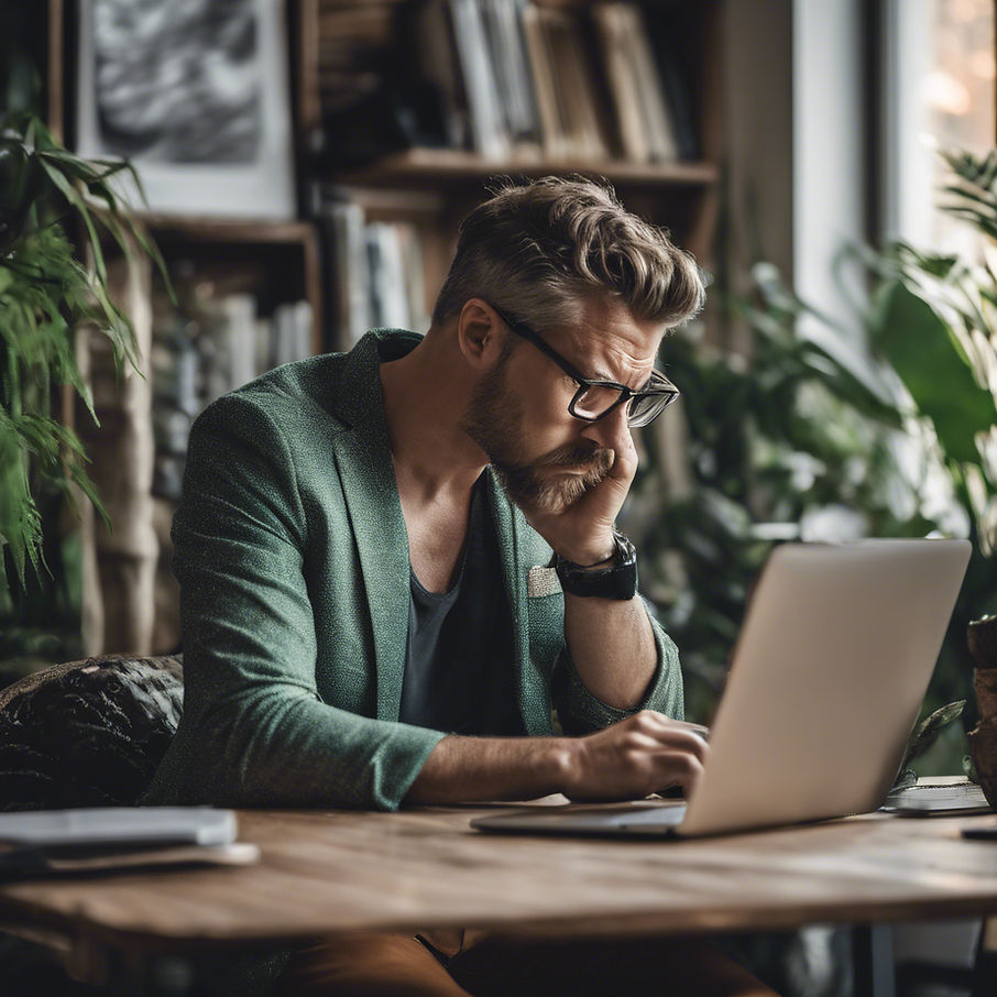 business owner sits at his computer, frustrated and trying to understand what's wrong with his community