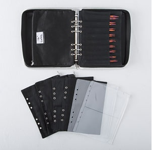 knitting needle storage binder with removeable pouches that work great for storing circular needles or cables for interchangeable needles