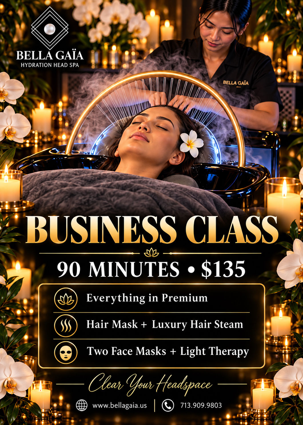Business Class hydration head spa, 90 minutes, $135: everything in Premium plus a second face mask, hair mask with luxury hair steam and light therapy, ideal for long hair, at Bella Gaïa, Jersey Village, Houston
