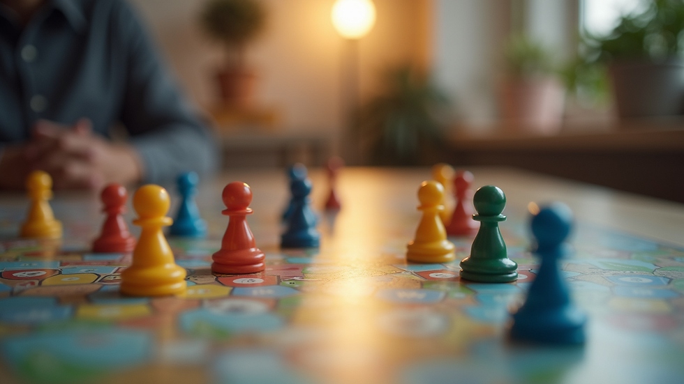 Eye-level view of a tabletop game setup with colorful game pieces