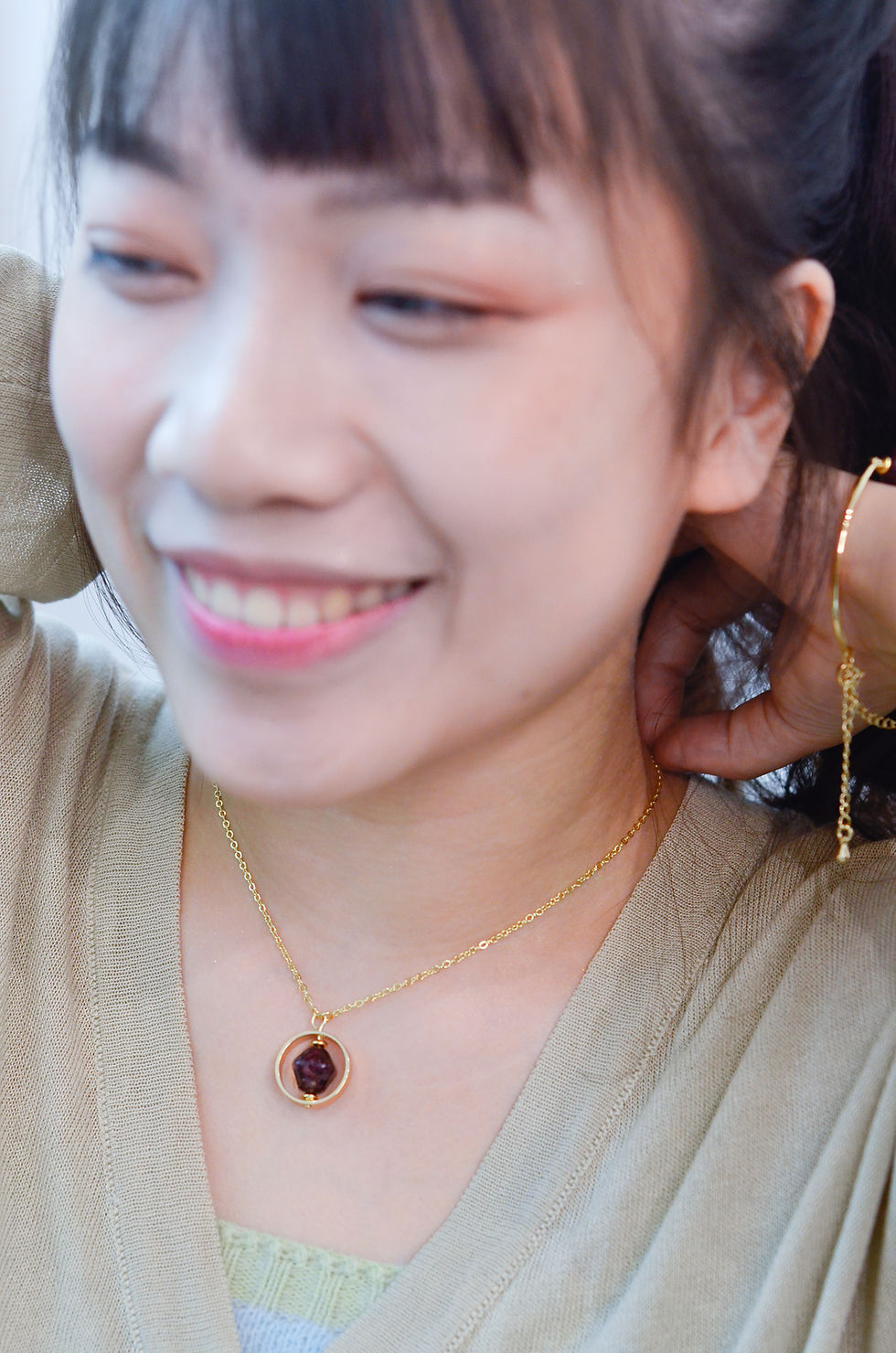 Sustainable Gold Ring Pendant Necklace with Purple Bead Upcycled from Red Onion Peels