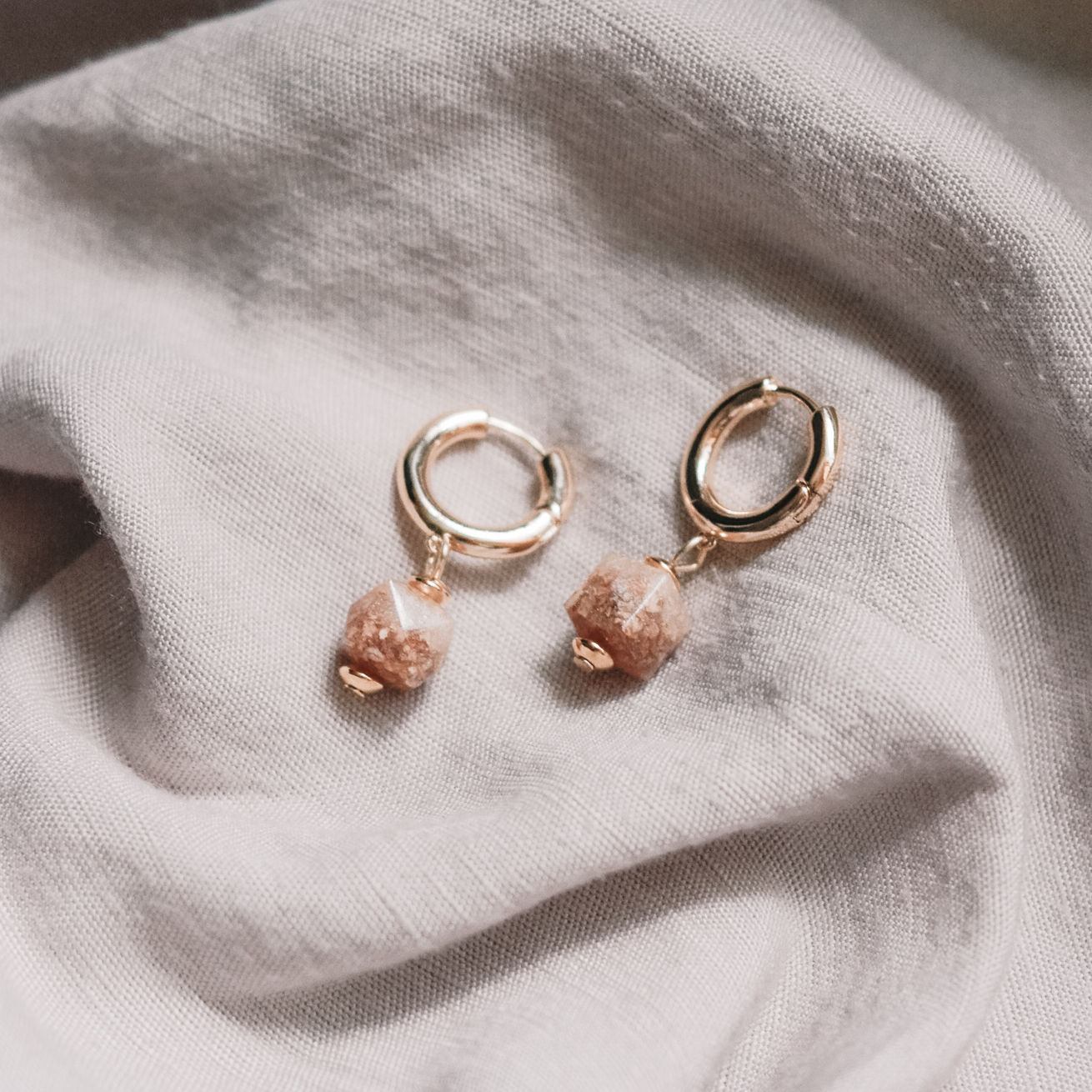 Gold Hoop Sustainable Earrings with White Small Cubes Upcycled from Radish Peels