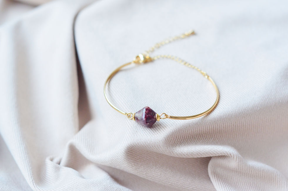 Thumbnail: Sustainable Gold Bangle Adjustable Bracelet with Purple Bead Upcycled from Red Onion Peels
