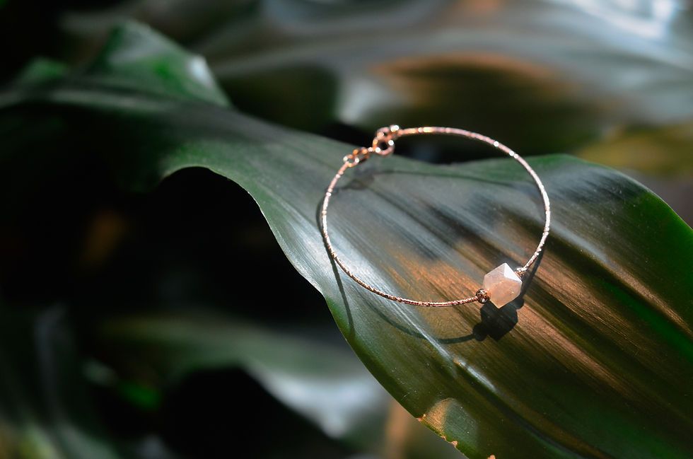 Thumbnail: Sustainable Rose Gold Bangle Bracelet with Pink Cube Upcycled from Garlic Peels