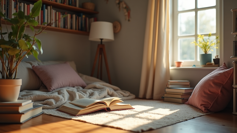 Eye-level view of a cozy homeschooling nook with books and supplies