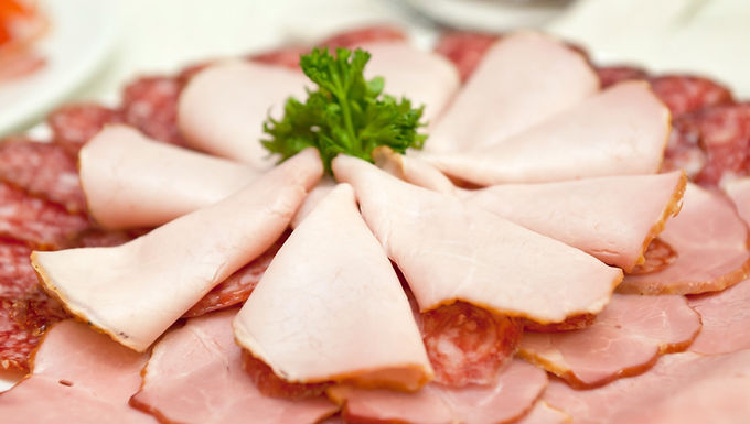 Slices of ham and salami