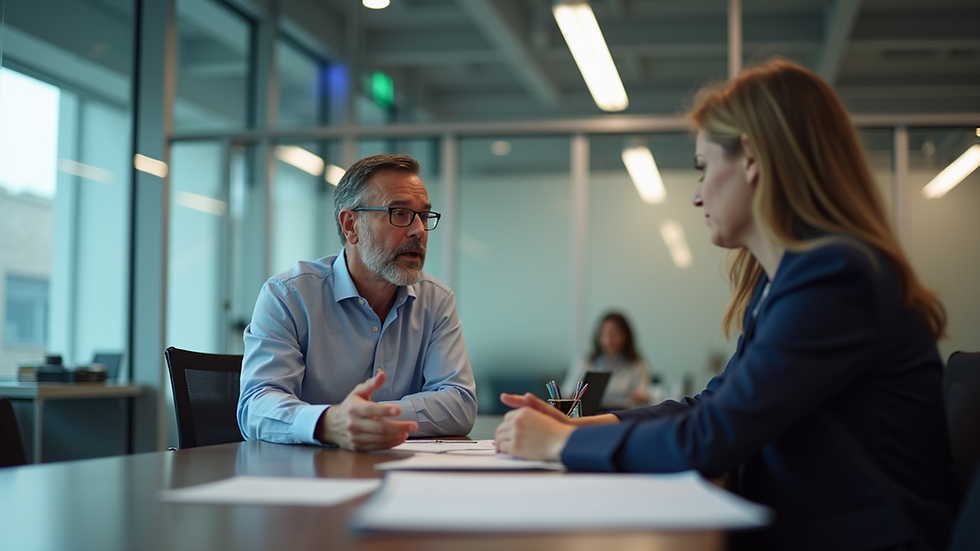 Two people in a meeting room discuss papers on a table. A man in a blue shirt gestures seriously. A woman listens attentively while in leadership coaching session.